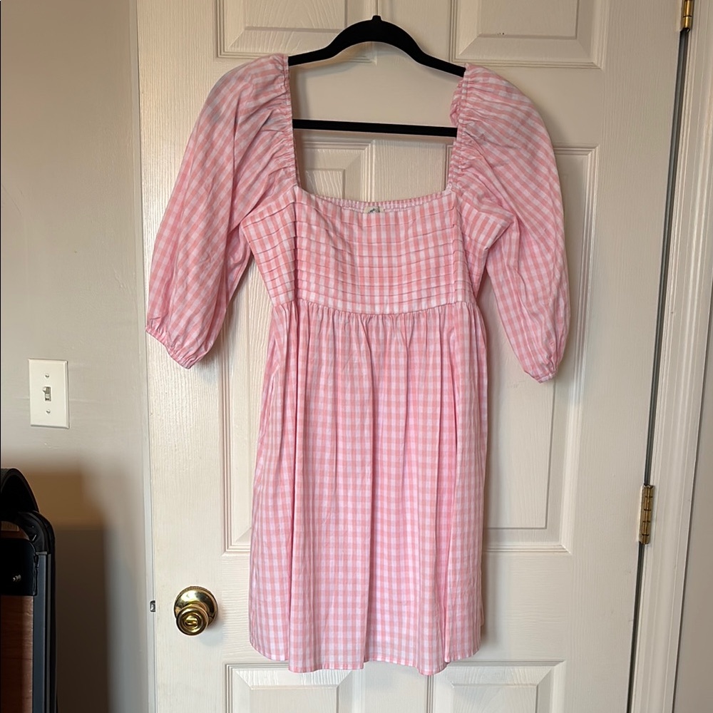 Pink Gingham Puff Sleeve Dress